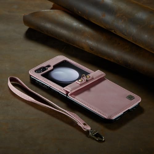 Samsung Galaxy Z Flip 5 étui en cuir rose antichoc et housse de sangle de téléphone