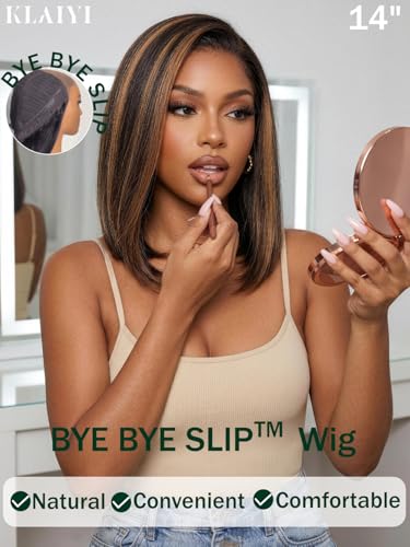 Image of KLAIYI Bye Bye Slip Side Part Golden Brown Highlight Yaki Straight Bob Wig Human Hair Glueless Ombre Precut 7x5HD Lace Front Wigs Drawstring Pre Plucked Bleached Knots 30S Ready to Wear and Go 12Inch