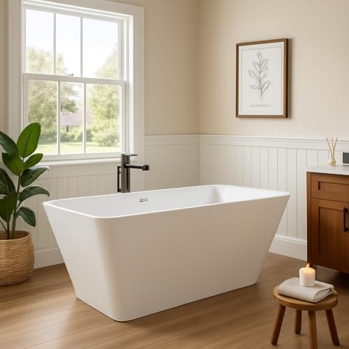 59 in Acrylic Freestanding Bathtub, Modern Rectangular Soaking Tub, Glossy White, CUPC Certified, Easy Installation, Chrome Drain & Linear Overflow, S