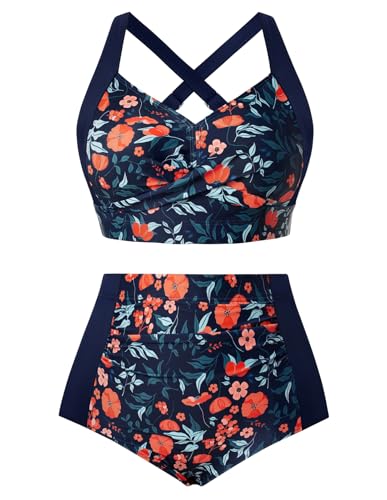 Hanna Nikole Womens Twist Front Trendy Stretchy Swimsuits Solid Color Bathing Suit with Bust Pads Orange Flower XXL