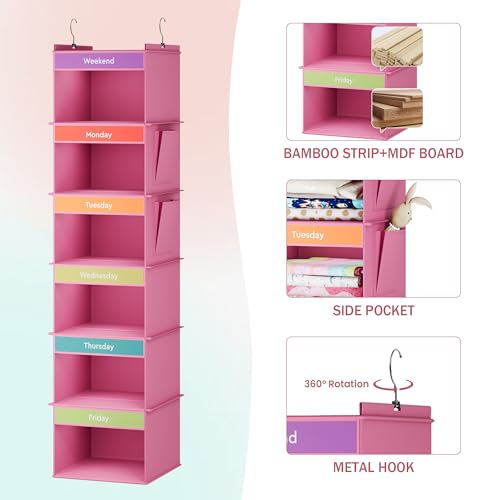 6-Shelf Weekly Hanging Closet Organizer, Weekly Clothes Organizers for Kids with 2 Side Pockets, Pink - Image 5
