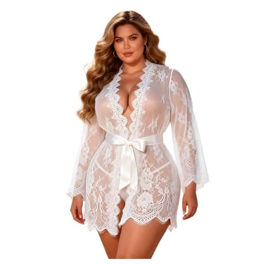 ohyeahlady Damen Kimono Weiss Spitzen Robe Volant Langarm Reizwäsche Nachtwäsche Morgenmantel Bademantel Babydoll Dessous Set mit G-String Gürtel(Weiß 1,3XL-4XL)