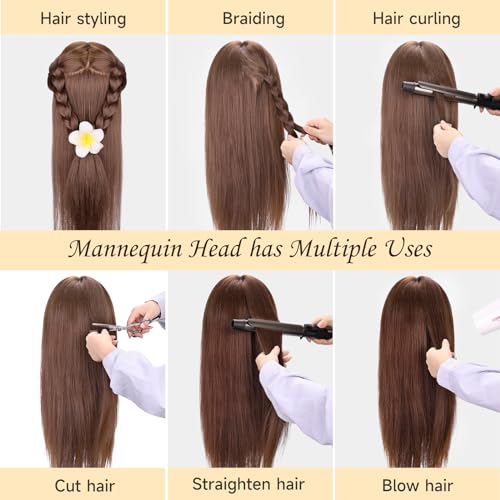 Yofuly 26 Zoll Trainingsköpfe, 80% Echthaar Kosmetik Schaufensterpuppenkopf mit Tischklemme & DIY-Haarzopf-Set (Braun)