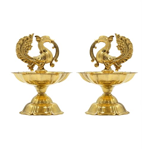 Image of CraftVatika Pure Brass Diya, Peacock Design Brass Diya Set of 2, Kuthu Vilakku for Home Diwali Decor Items, Oil Wick Lamp Deepak Deepam Diwali Decoration Items (7 CM Height)