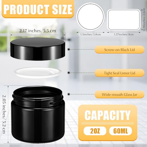 Image of Layhit 60 Pcs 2 oz Glass Jars with Lids Airtight Jars Bulk,Black | Empty, Airtight, Leakproof, Reusable, Small Jar with Blank Labels & Liners Lids, Travel Jars for Cream, Lotions, Candle