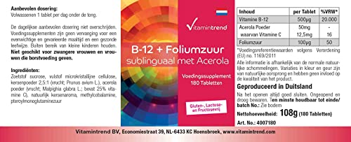 Vitamintrend Vitamin B-12 + Folsäure sublingual mit Acerola, 180 Tabletten, hochdosiert mit 500µg Vitamin B12, Nahrungsergänzungsmittel vegan ohne Magnesiumstearat, in Deutschland hergestellt