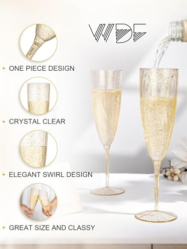 WDF 36-Pack Plastic Champagne Flutes - Gold Glitter Champagne Glasses Disposable - Perfect for Thanksgiving, Weddings, Birthday, Bridal Showers