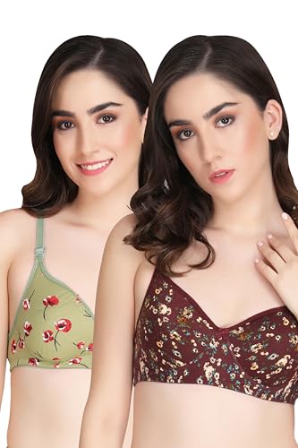 Image of Flower Print Bra for Women - Made of Pure Cotton Full Coverage Non Wired Pushup Soft Cup for T-Shirt Saree Dress Sports Garment for Daily Use Everyday