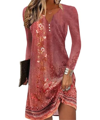 GRMLRPT Damen Langarm V-Ausschnitt Kleid Bohemian Blumen Sommerkleider MiniKleid Blumendruck Lose Tunika Freizeitkleid(Rot,S)