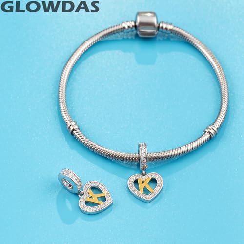 Image of GLOWDAS 18K Gold Plated Letter Charms Initial A to Z Necklace Pendant, 925 Sterling Silver CZ Heart Dangle Alphabet Beads fit European DIY Bracelet, Gifts for Valentiens /Christmas /Family