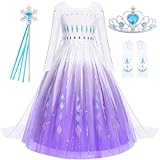 Materiales suaves y cómodos: nuestros disfraces de princesa Frozen para niñas están hechos de poliéster y forro de algodón, la tela se siente cómoda y ligera, y el diseño es como un vestido de princesa, con detalles impresos encantadores y únicos, añadiendo un toque encantador a su día especial.