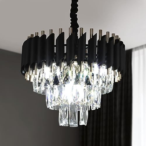 Image of Manraj Modern Crystal Chandelier, 40 cm Round, 3-Tier Black and Gold, K9 Crystal Ceiling Light Fixture for Living Room and Hallway (Black & Gold, 400mm)