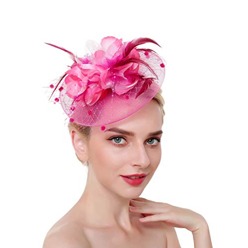 Song Qing Fancy Elegant Lady Top Net Mesh Flower Headpiece Veil Feather Fascinator Hat Hair Clip for Wedding Church Party Rose