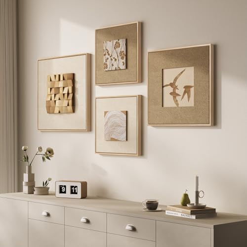 Large Framed 3D Textured Wood Wall Art 4 for Living Room, Neutral Set of 4 - Image 2