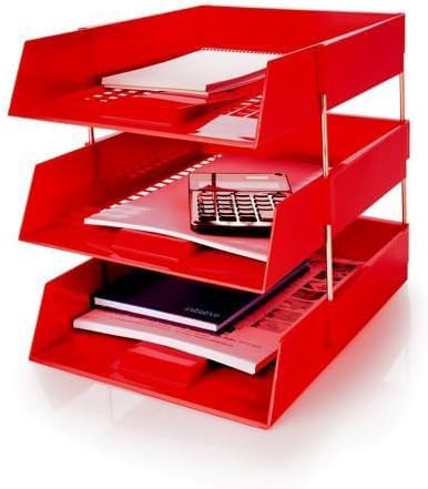 OS Smart Choice A4 Letter Trays, 3-Tier Stackable Document Organiser, Plastic Desktop Filing System, Red