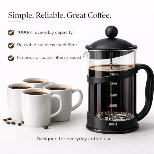 Image of GLOW Classic Continental 1 Litre Black Cafetiere - Premium Manual 4 Cup French Press Coffee Maker with Toughened Shockproof Glass Pot and Plunger Filter for Ground Beans Espresso Tea