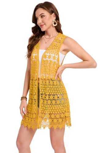 Image of GLEAMISS Women's Crochet Floral Vest Lace Trim Boho Sleeveless Cardigan