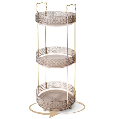 Cozary Organizzatore Cosmetici Rotante a 360°,Porta Trucchi Multifunzione, Organizer Trucchi 3 Strati per Vanità Regolabili Scaffale da Bagno Organizer Cosmetico da Bancone Contenitore Cosmetico