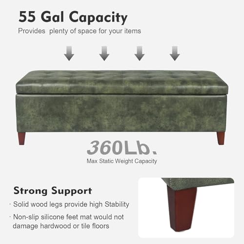 Image of Ottoman with Storage, 51 Inch End of Bed Storage Ottoman Bench, Faux Leather Upholstered Ottomans with Hinged Lid, Rectangle Long Foot Rest Bench for Living Room Bedroom Dark Green