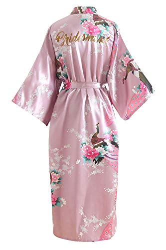 YAOMEI Novia Mujer Vestido Kimono Satén, Camisón para Mujer Bata de baño Robe Albornoz Dama de Honor Ropa de Dormir Pijama Flores de Pavo Real (Busto: 126cm, para S-2XL, Pink Dama de Honor) Cover