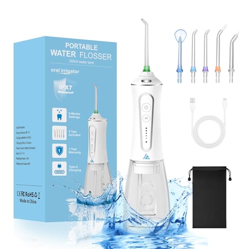 Dental Flosser with 5 Modes, Cordless Travel Dental Flosser, Rechargable, Long Lasting Battery, 300ml Water Tank, Travel Friendly. FDA Accepted.