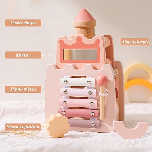 Promise Babe Montessori Spielzeug Baby Holzspielzeug,5 in 1 Rosa Schloss Lernspielzeug Motorikwürfel Sensorik Motorikspielzeug Activity Würfel Motorikschleife Geschenk Baby Mädchen Aktivitätswürfel 3+