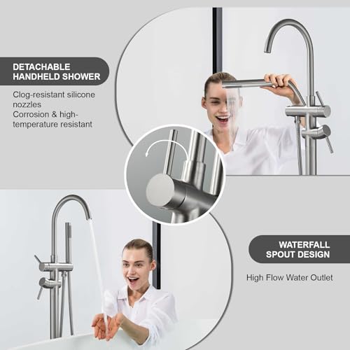 TapLong Brushed Nickel Freestanding Bathtub Faucet,Floor Mounted Bathroom Tub Faucets with Hand Shower High Flow Floor Mount Tub Filler, Shower Tub Faucet Set Complete-SH-7IIP-KJCM by TapLong - Used condition - Image 2