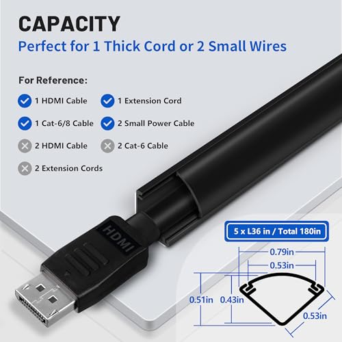 Image of ZhiYo 15ft Corner Cable Hider for 1 Cord, Hide Wires on Wall Corner, Black | Self-Adhesive Cable Concealer, 5 Pack (3ft Each), Quarter Round Cable Management Raceway for Baseboards & Ceiling Corners