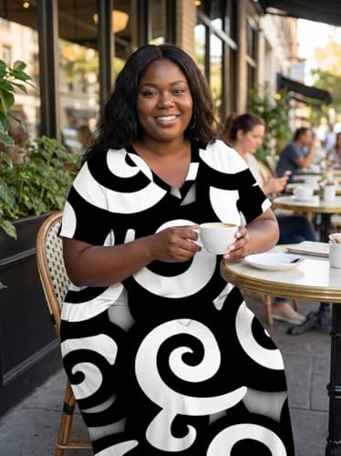 Image of Plus Size Maxi Dress for Women Short Sleeve V Neck Casual Loose Sundress with Pockets