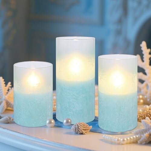 Image of Glass Flameless Candles with Timer, Battery Operated Flickering Led Pillar Candles, Turquoise Candles for Home Decorations, Centerpiece, Nautical Theme Party