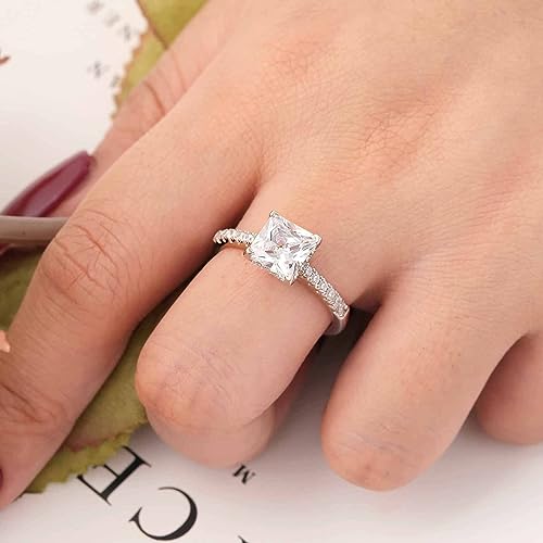 Wuziwen 2CT 925 Sterling Silver Engagement Rings for Women Princess Cut Solitaire Wedding Ring Cubic Zirconia2