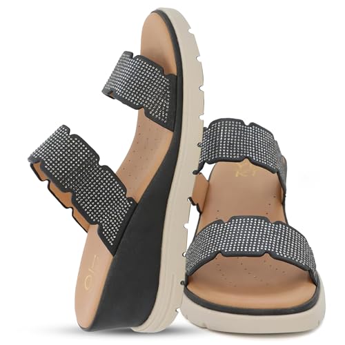 YOKI CRIMSON-09 Wedge Sandals For Women With Rhinestone Double Bands - Summer Sandal Slip-On Style, Comfortable Rhinestone Sandal For Women