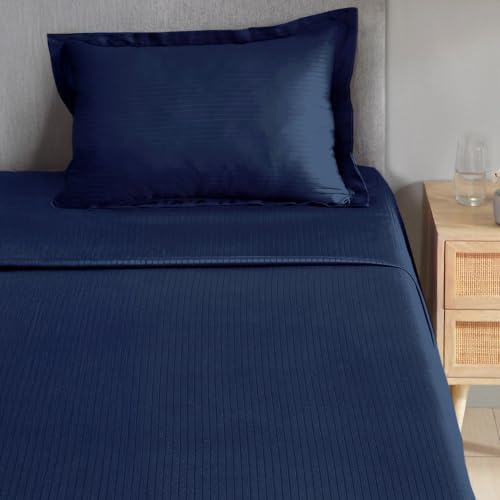 Image of myTrident Bedsheet for Single Bed Cotton| 210 TC | 60 inch x 90 inch | Iron Blue | 210 TC, 100% Cotton Flatsheet with 1 Pillow Cover, Super Soft and Breathable, Satin Stripe, Classic Style Me Solid Collection