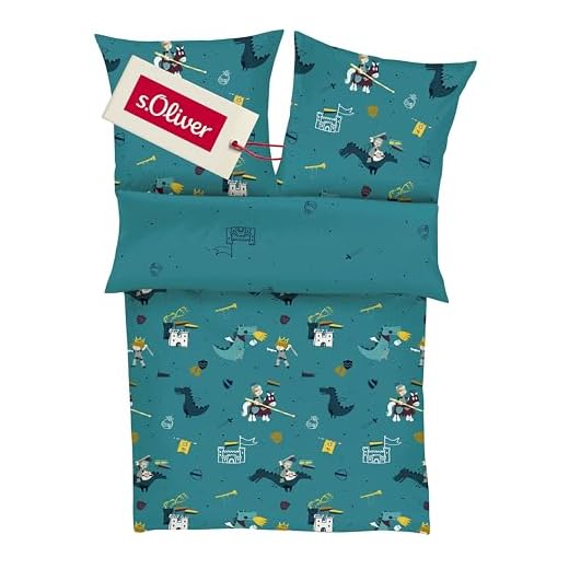 Aminata Kids Ritter Bettwäsche 135 x 200 cm + 80 x 80 cm aus Baumwolle mit Reißverschluss, unsere Kinderbettwäsche mit Ritterburg-Motiv ist weich und kuschelig 5 s.Oliver Bettwäsche Ritter 135x200 cm - Kinderbettwäsche Petrol 100% Baumwolle, hochwertiger Makosatin, 2 TLG. Set aus Bettwäsche 135x200 cm und Kissen 80x80 cm, Reißverschluss