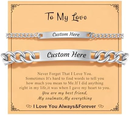 Personalized Couple Bracelets - Custom Matching Bracelets with Mutual Attraction Heart Charms Long Distance Touch Bracelet Engraved Names Anniversary Valentines Day Gifts for Boyfriend Girlfriend