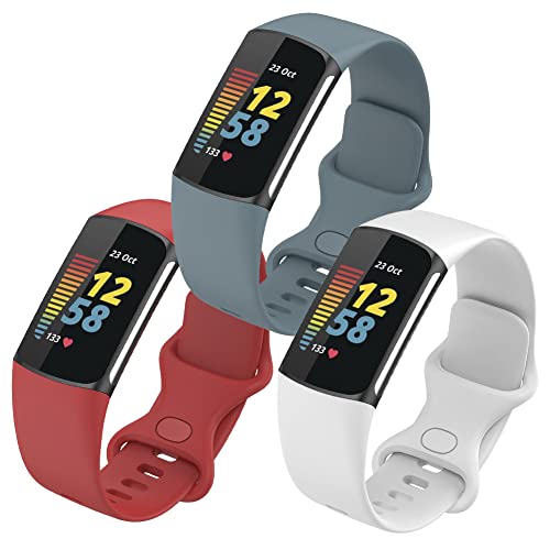 FunBand Straps Compatible with Fitbit Charge 5 Strap, Soft Silicone Sport Replacement Band Adjustable Wristband fit for Fitbit Charge 5 Activity Tracker for Women Men, 3-Pack