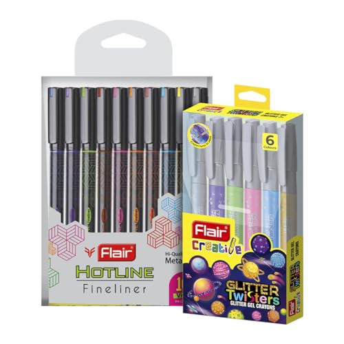 Flair Creative Series 10 Vibrant Colorful Shades Hotline Fineliner & 6 Multicolor Shades Glitter Gel Crayons Combo | Ideal for Drawing, Mandala, Sketching, Doodling, Journal, Coloring