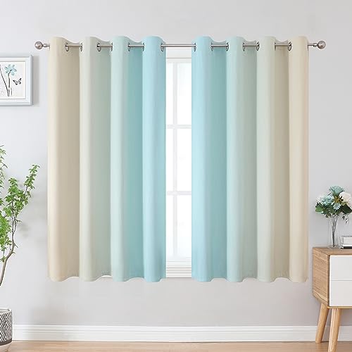 Estelar Textiler Aqua and Beige Ombre Blackout Curtains 45 Inch Length, Light Blocking Gradient Drapes for Kitchen, Thermal Insulated Grommet Curtains for Bathroom,52Wx45L,2 Panels