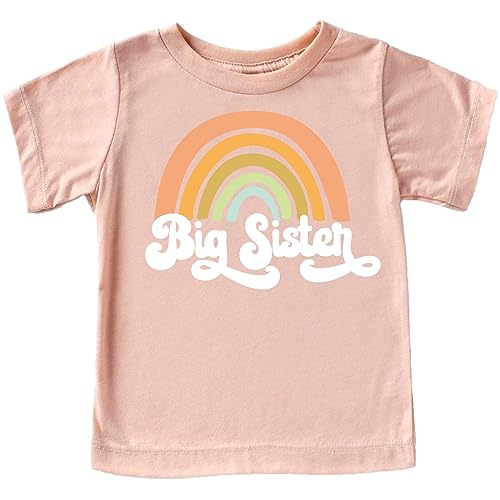 Image of Retro Rainbow Big Sister Sibling Reveal Announcement Shirt for Baby and Toddler Girls Sibling Outfits White on Peach Shirt 3T