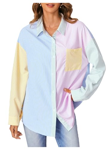 MakeMeChic Women's Striped Colorblork Blouse Oversized Collared Button Down Shirt Long Sleeve Top3