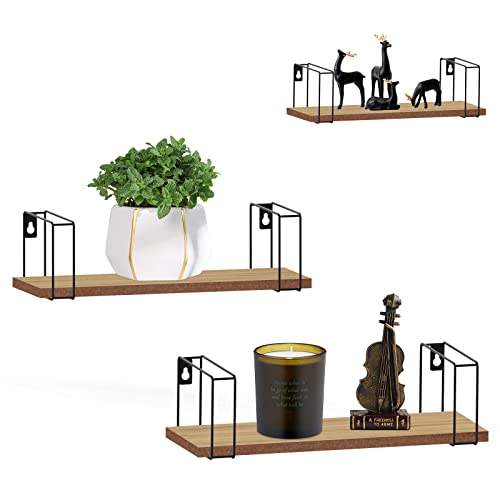VIVOLILV Étagères Murales Lot de 3 Étagères Flottantes avec Structure en Métal Etagères Murales en Bois et Fil de Fer Charge Maximal 40 LBS pour salles de Bain, Chambres, Bureaux et Cuisines