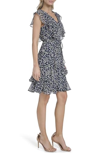 Image of Tommy Hilfiger Women's Sleeveless V-Neck Ruffle Trim Tie Waist Chiffon Mini Dress