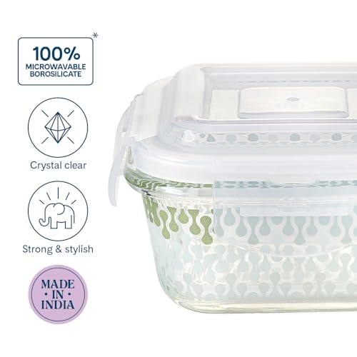 Image of Larah Glassware Gracia Green Borosilicate Glass Lunchbox with Bag | Microwave & Dishwasher Safe, Leakproof | Tiffin for Office, School, College (320ml x 4)