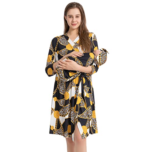 Image of Galabloomer Maternity Robe and Baby Receiving Blanket, Matching Mommy Labor Delivery Robe and Swaddle Set Chain Leopard