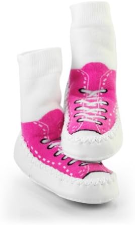 Mocc Ons moccasin washable leather sole slipper socks (12-18 Months, Ballerina)