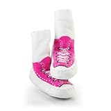Mocc Ons Toddler and Baby Moccasin Style Slipper Socks - Fuchsia Sneakers, 12-18 Months