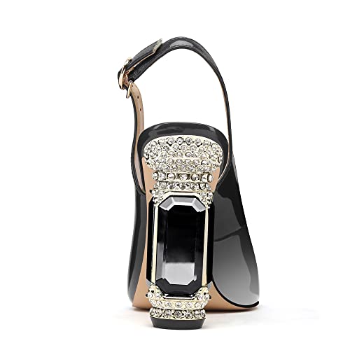 Image of JANSEVEN Women Chunky Heels Pumps Crystal Block Heels with Rhinestones Pointed Toe Sexy Gradient Patent Leather Slip on Bridal Party Wedding Dress Shoes 5-13 M US