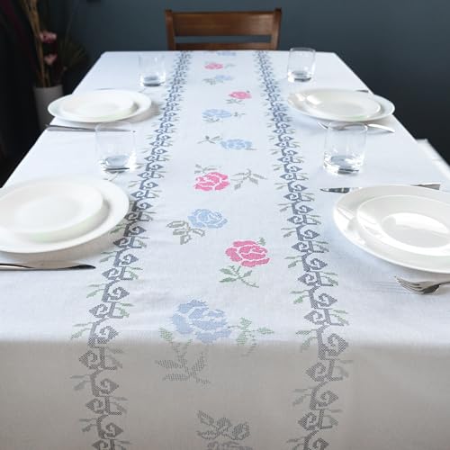 Image of 100% Cotton,Premium Embroidered Tablecloth - Water & Stain Repellent,150 cm x 150 cm|Small Dining Table Cover for 4 Seater - Elegant & Washable-Vintage Bloom
