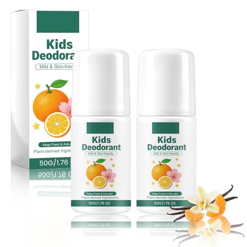 Desodorante natural para niños con aroma a vainilla y naranja, desodorante corporal en roll-on para niños, calma e hidrata, fresco y agradable, previene la piel seca, para pieles sensibles (2 unidades