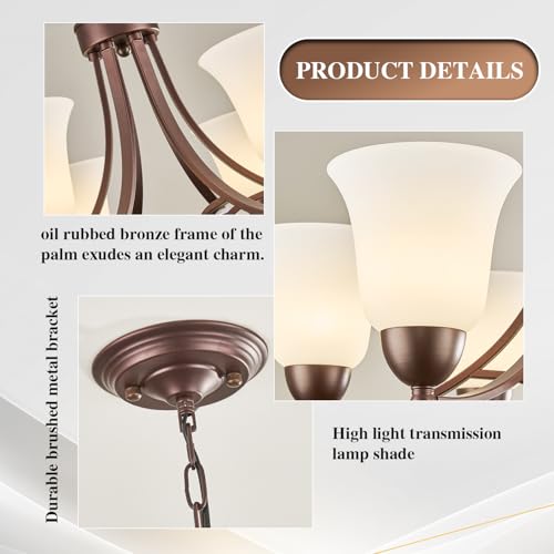 Image of 6 Light Oil Rubbed Bronze Dining Room Light Fixture Farmhouse Modern Chandelier Pendant Light Bronze 47.2''Adjustable Ceiling Hanging Lighting with Frosted Glass for Kitchen Island Living Room Foyer